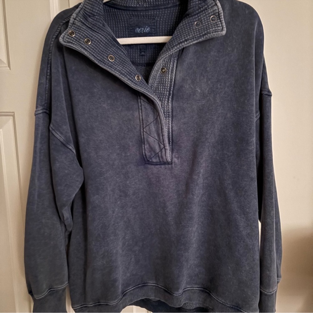 Aerie Navy Blue Washed Blue Snap Waffle Getaway Pullover